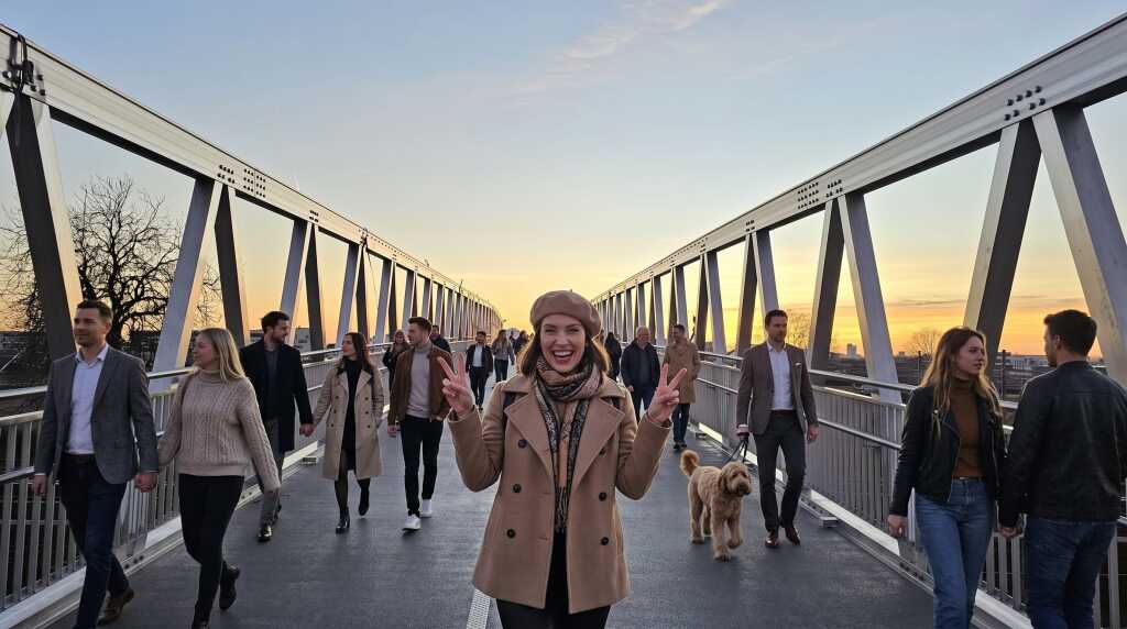 Die Aluminiumbrücke am Adlerhorst Gleislinse in Berlin bei reger Nutzung am Abend
