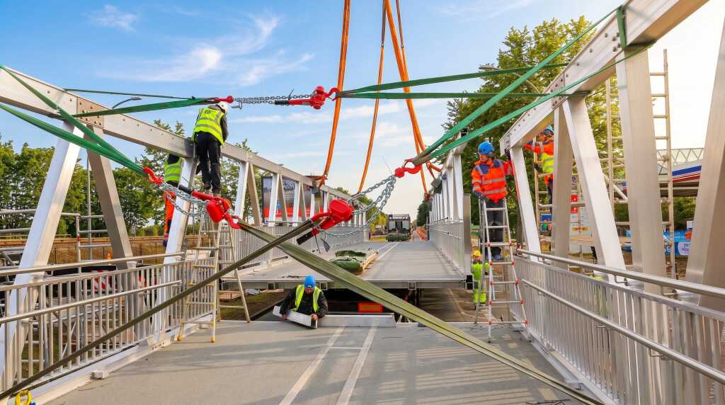 Zusmmanbauen der Teile der Aluminiumbrücke in Berlin Adlerhorst - Gleislinse
