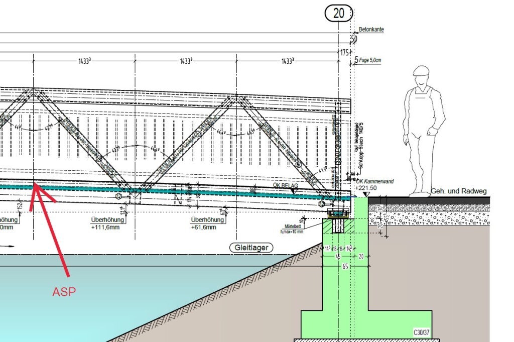 Detail einer Aluminiumbrücke mit Verbindungselementen und Lagersystem