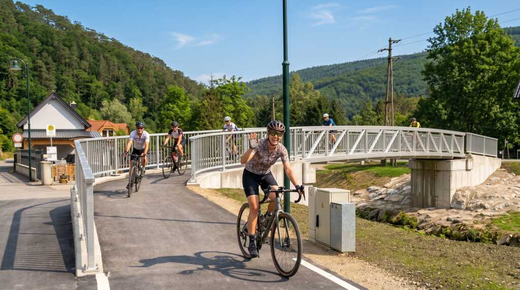 eine Radfahrerin winkt von der Aluminiumbrücke kommend nett in die Kamera.