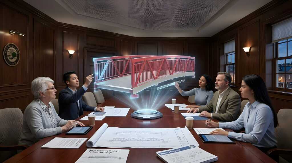 Mitarbeiter besprechen ein Aluminiumbrücken-Projekt anhand eines digitalen Hologramms im Besprechungsraum.