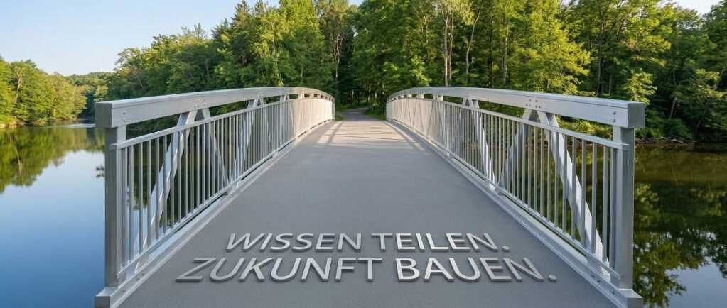 Aluminiumbrücke über stilles Gewässer mit der Aufschrift: WISSEN TEILEN. ZUKUNFT BAUEN.